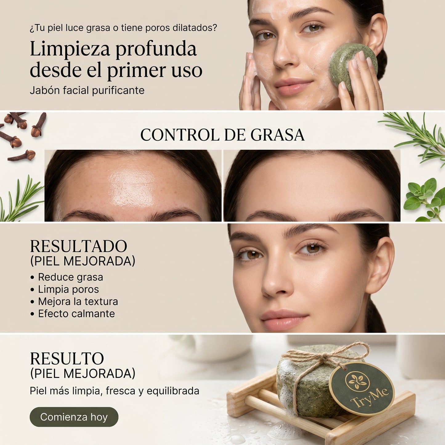 Barra limpiadora facial de clavo, romero y orégano